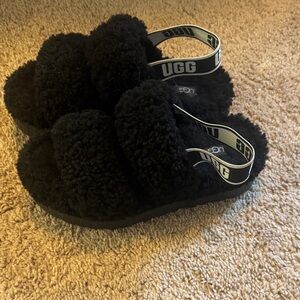 UGG Black Shearling Double-Band Slide Sandals with Logo Strap